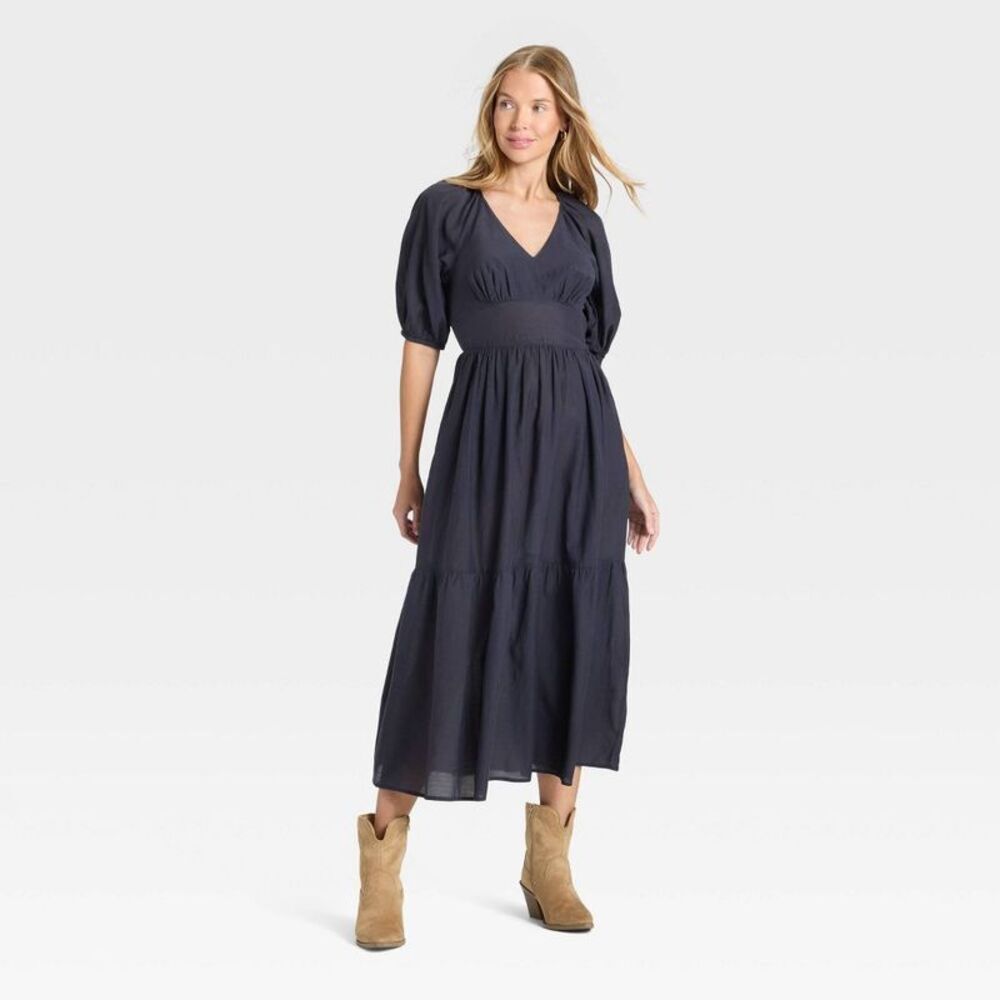 Women's Puff Elbow Sleeve Maxi A-Line Dress - Universal Thread Navy Blue M